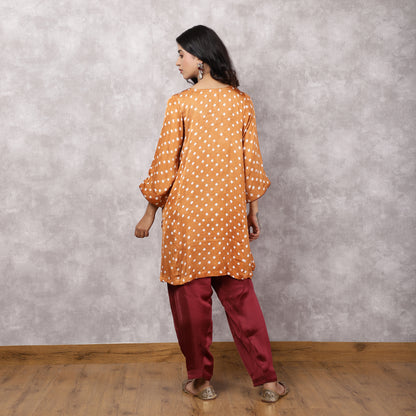 Orange Bandhani Suit Set with Hand Embroidered Yoke