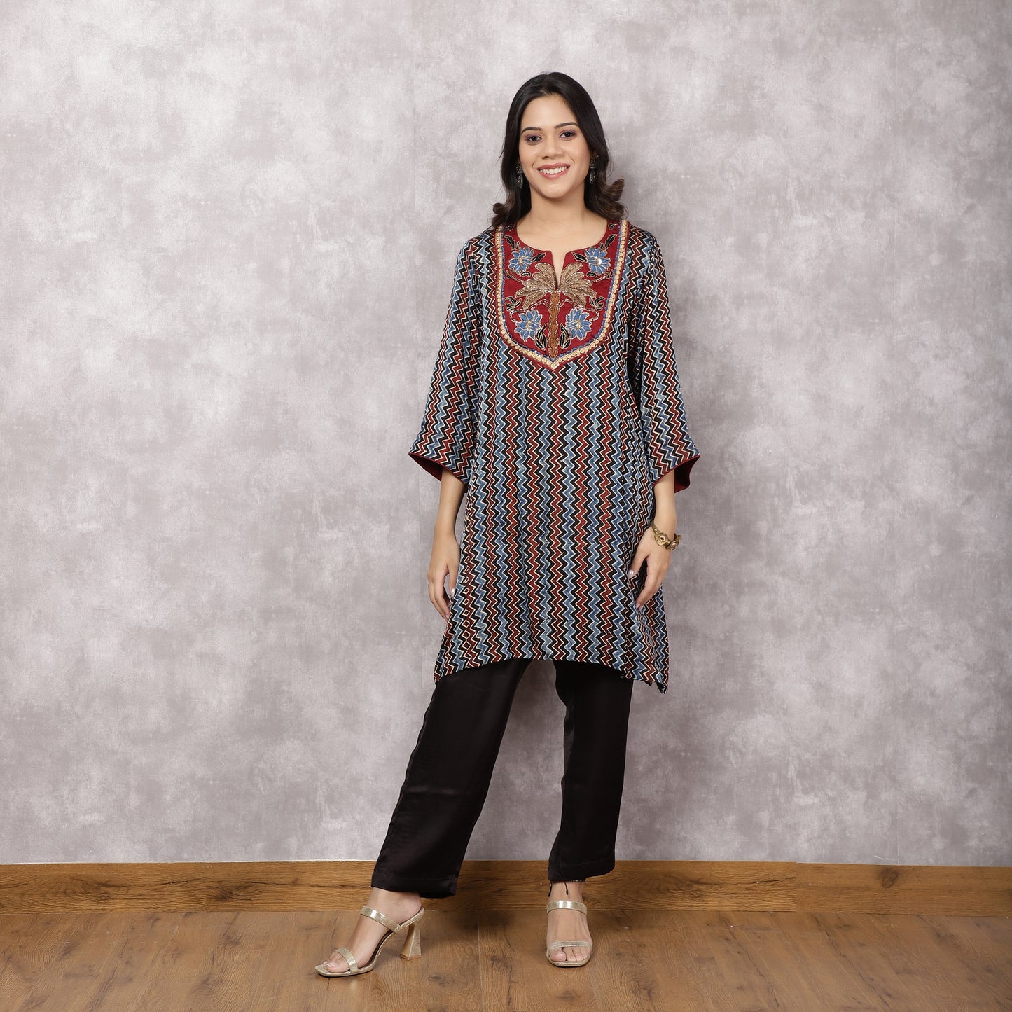 Black Ajrakh Modal Suit Set with Hand-Embroidered Yoke