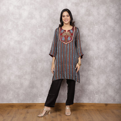 Black Ajrakh Modal Suit Set with Hand-Embroidered Yoke