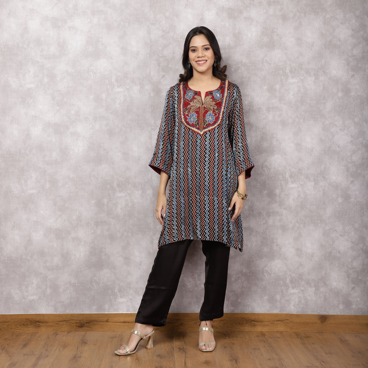 Black Ajrakh kurta with Hand-Embroidered Yoke