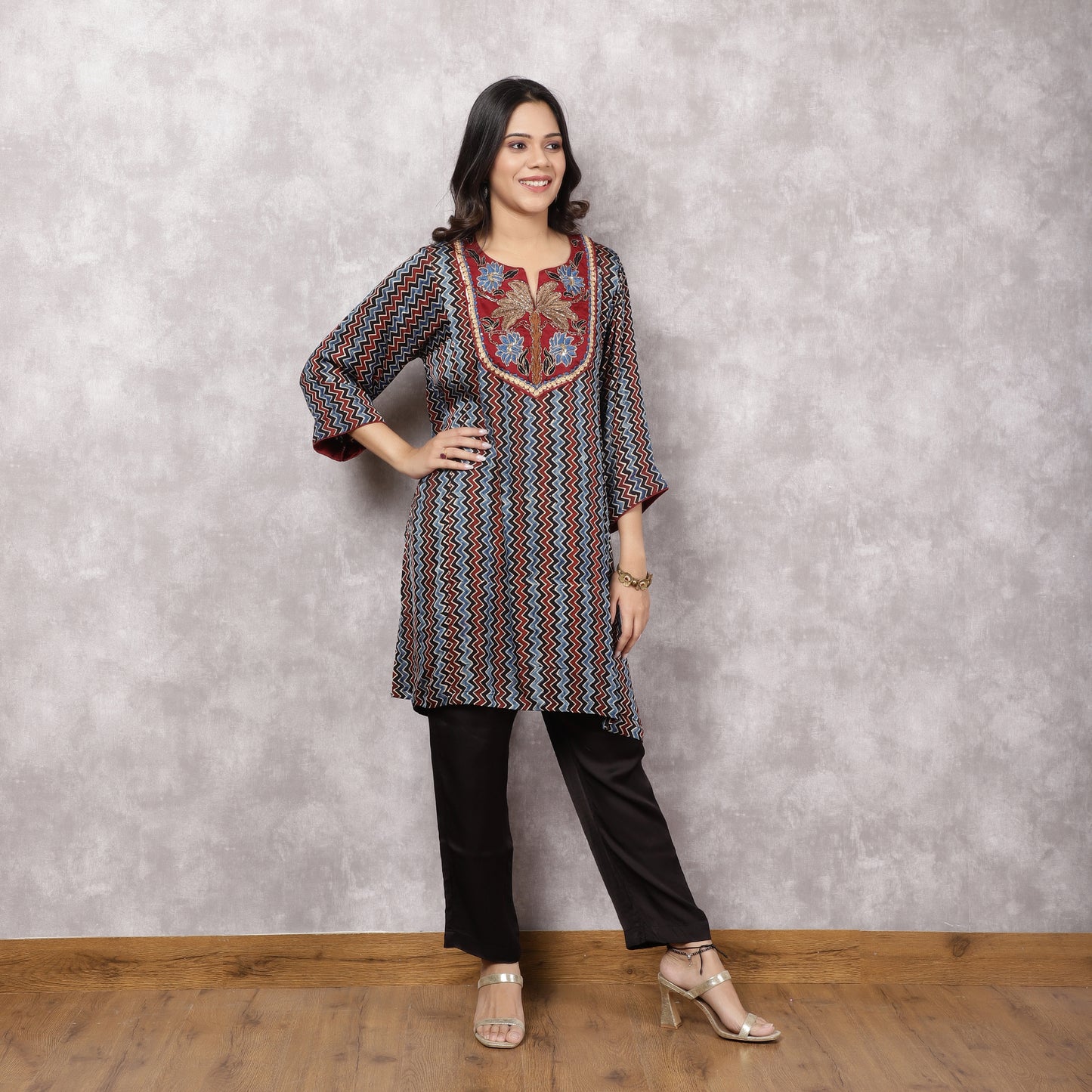Black Ajrakh Modal Suit Set with Hand-Embroidered Yoke