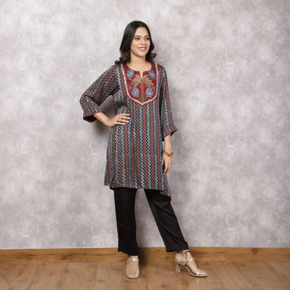 Black Ajrakh Modal Suit Set with Hand-Embroidered Yoke