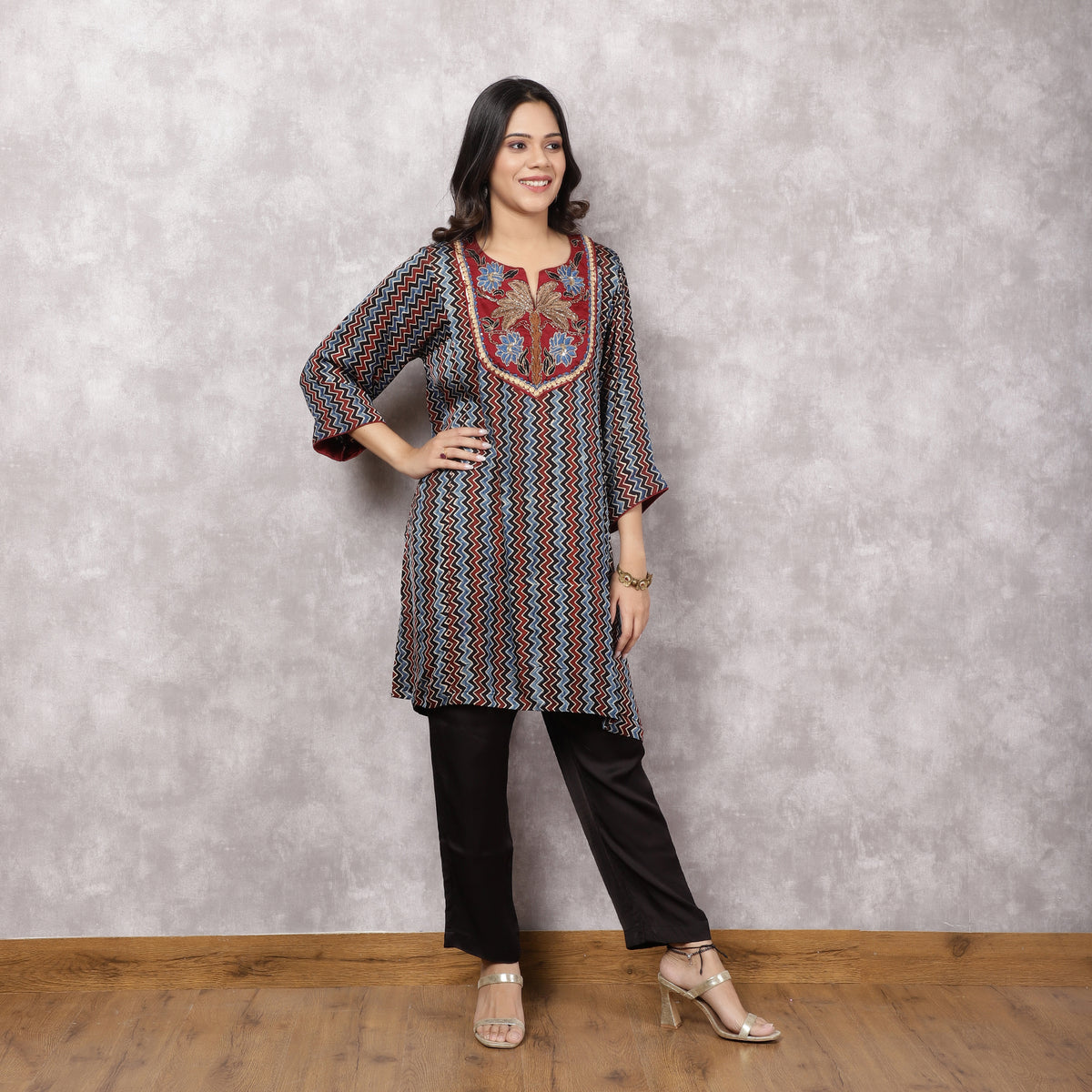 Black Ajrakh kurta with Hand-Embroidered Yoke
