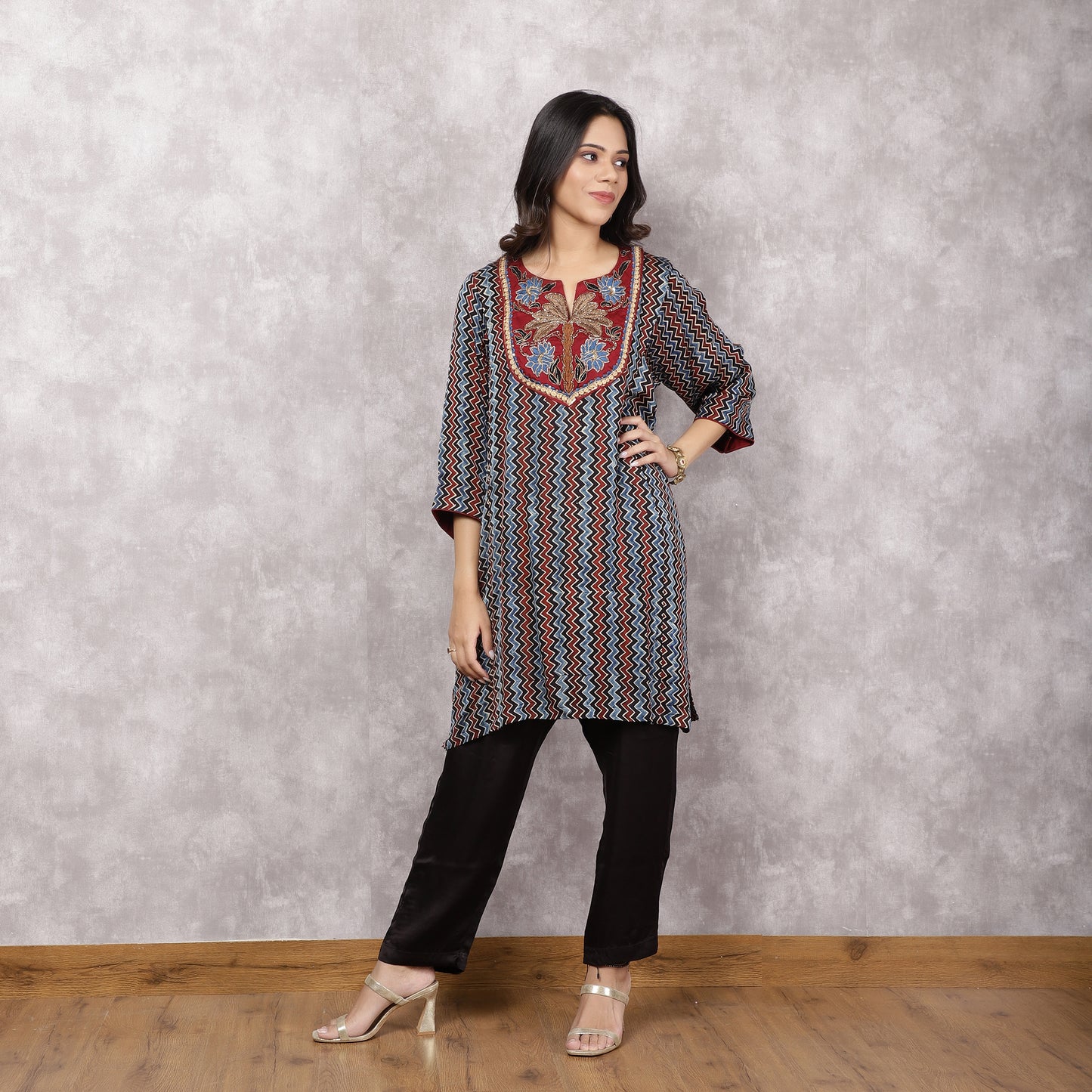 Black Ajrakh Modal Suit Set with Hand-Embroidered Yoke