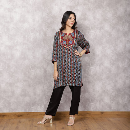 Black Ajrakh Modal Suit Set with Hand-Embroidered Yoke
