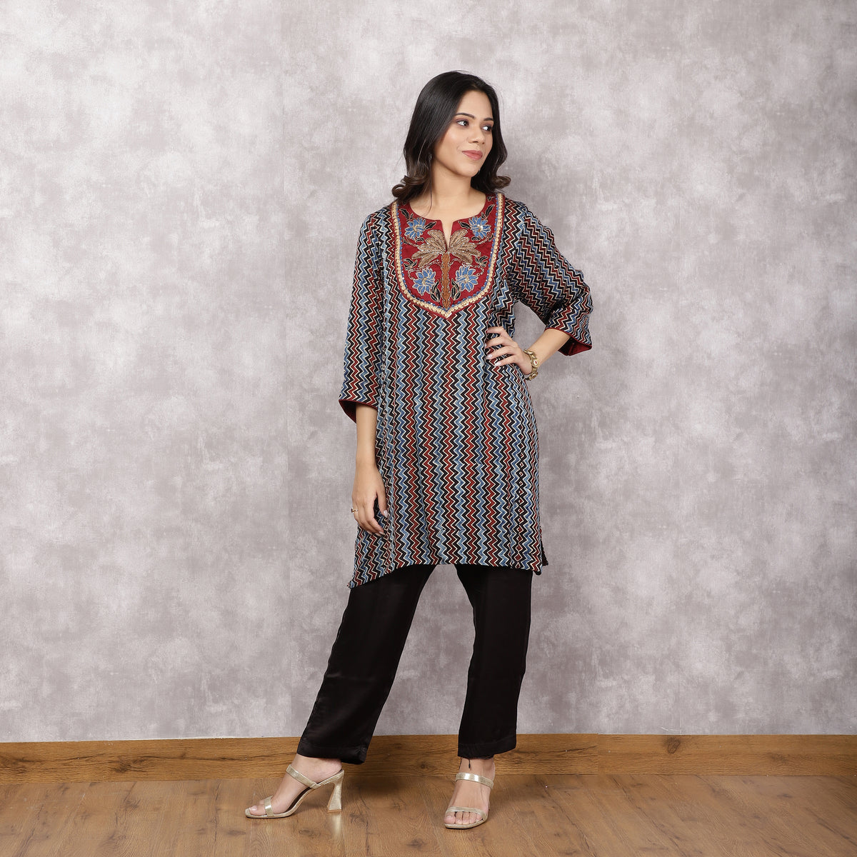 Black Ajrakh kurta with Hand-Embroidered Yoke