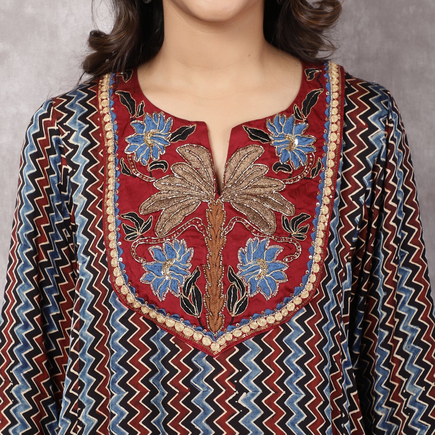 Black Ajrakh Modal Suit Set with Hand-Embroidered Yoke