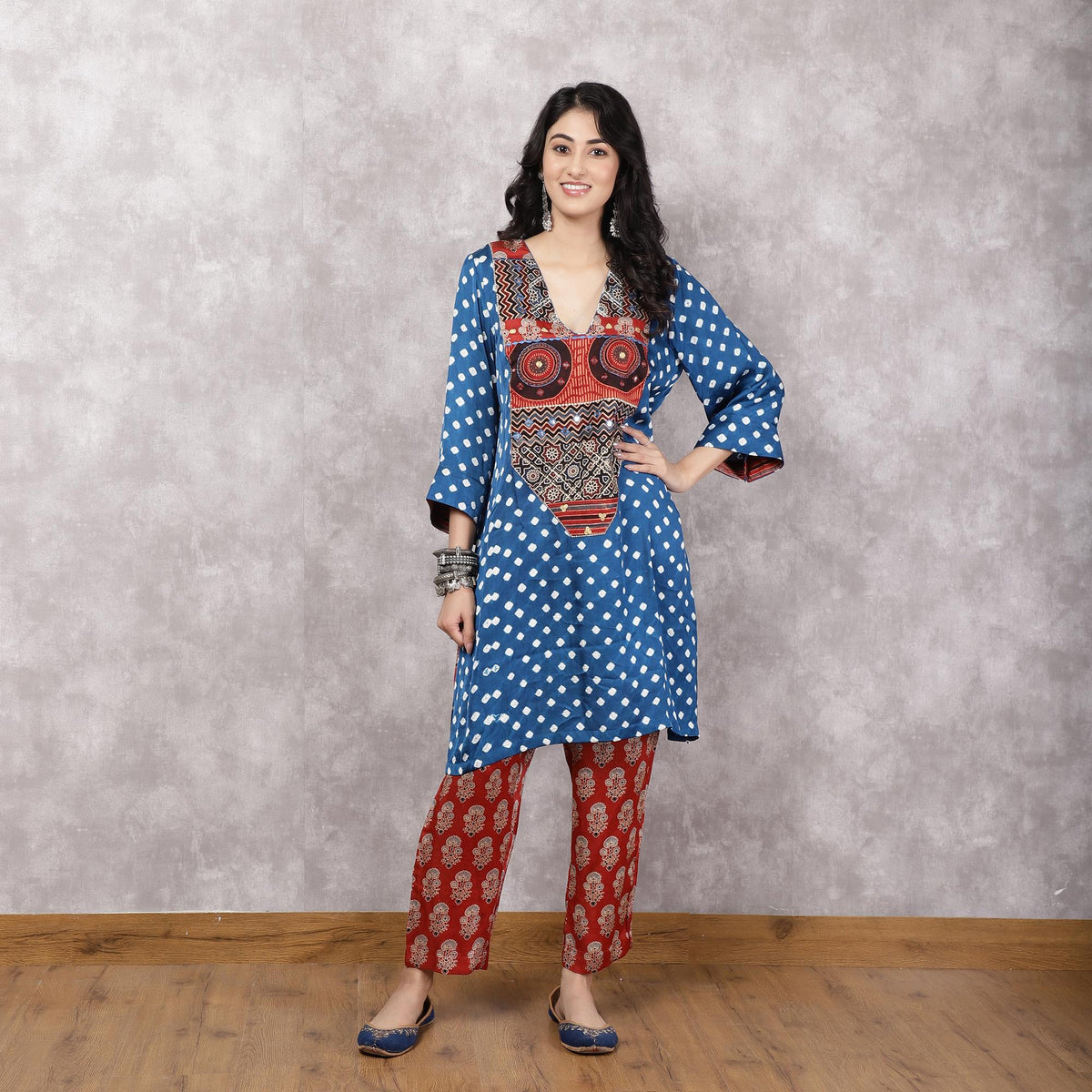 Blue Bandhani Patchwork Yoke kurta
