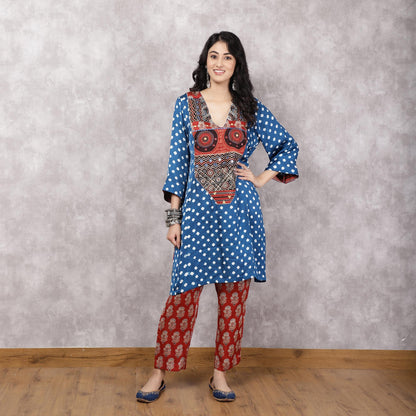 Blue Bandhani Patchwork Yoke kurta
