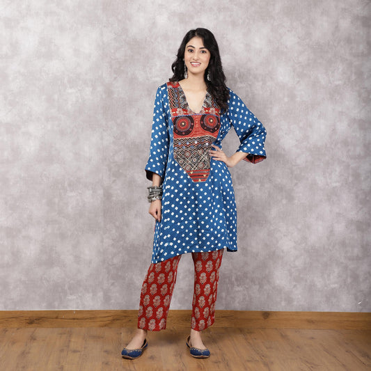Blue Bandhani Patchwork Yoke kurta