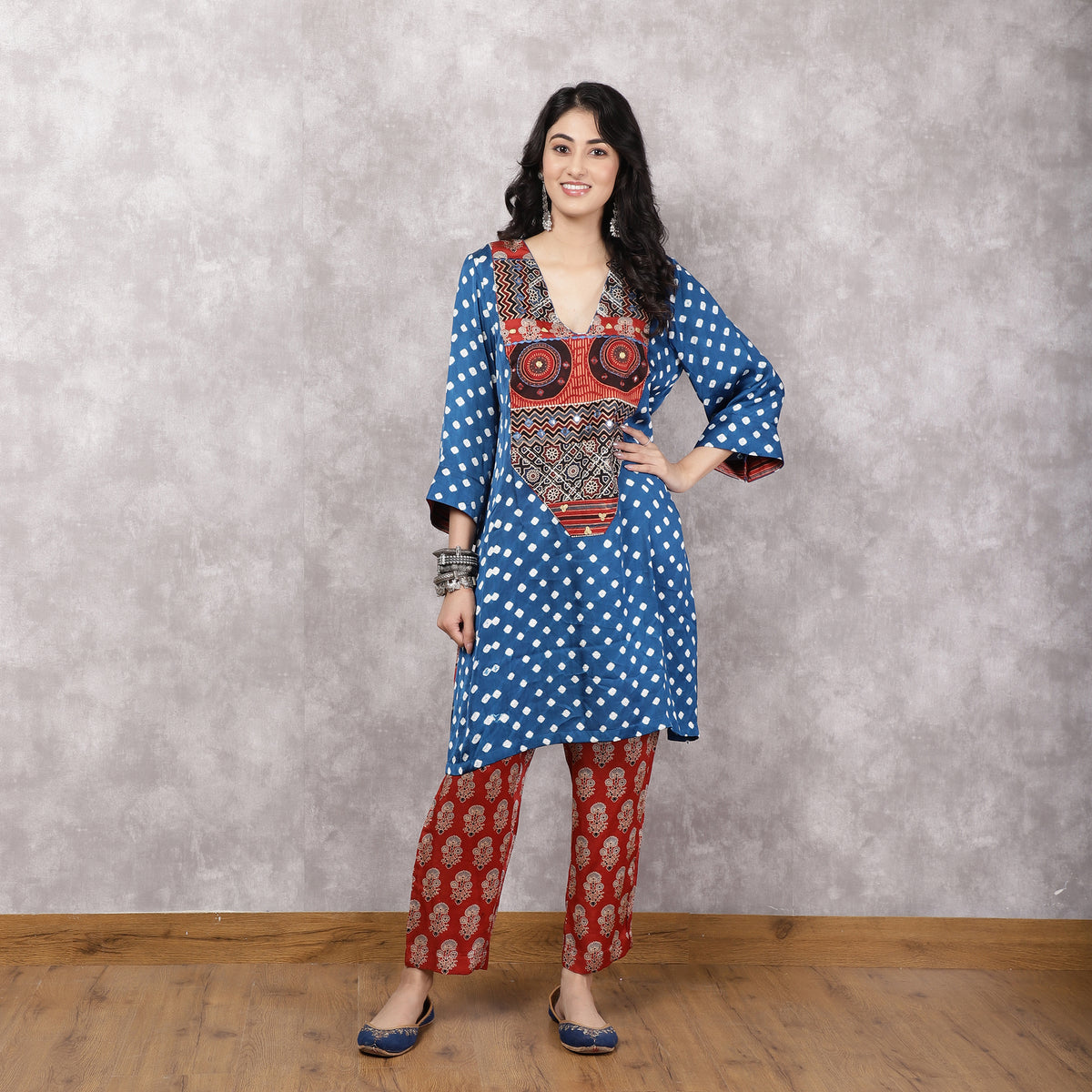 Blue Bandhani Patchwork Yoke with Ajrakh Pants Set