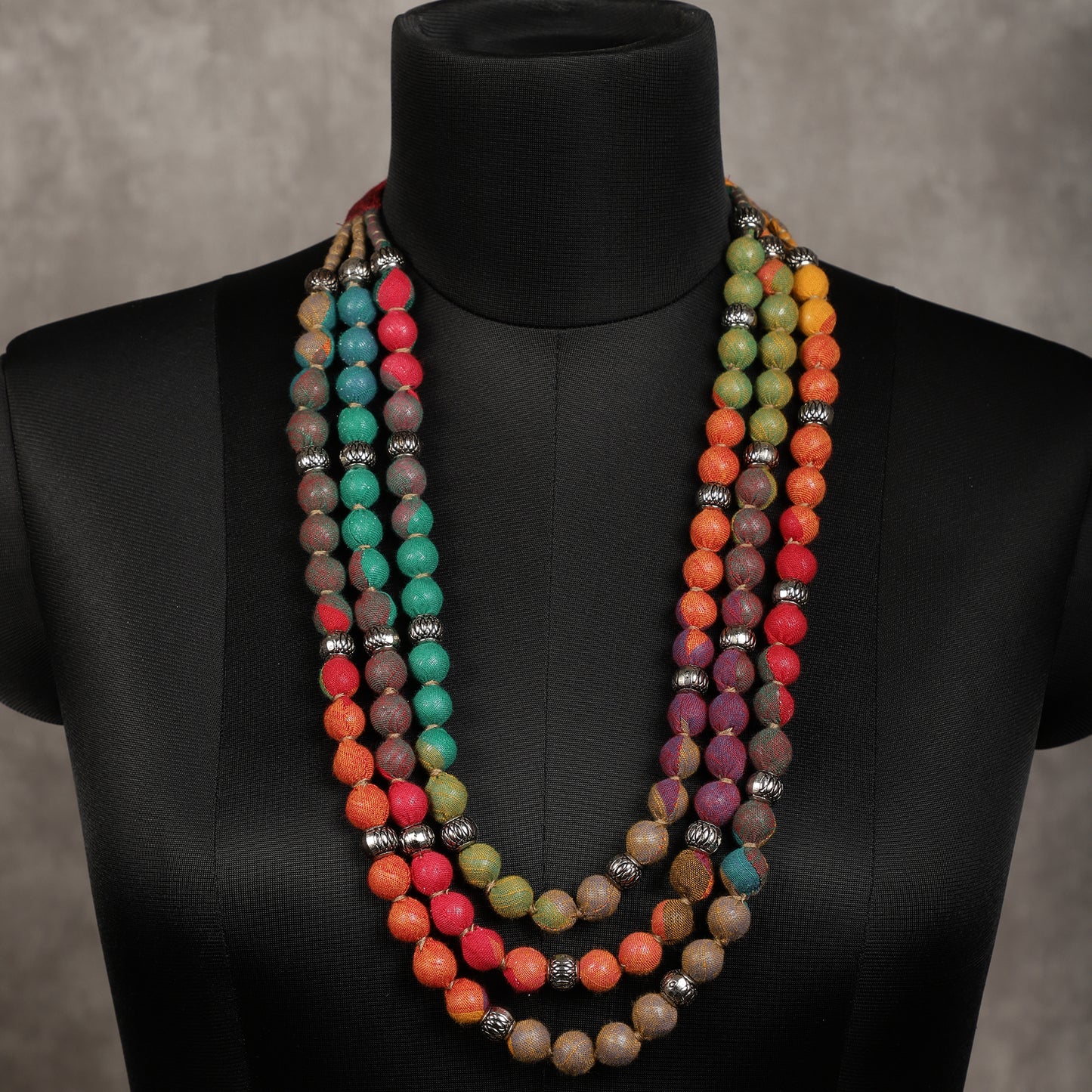 3 layer fabric beaded necklace in cotton
