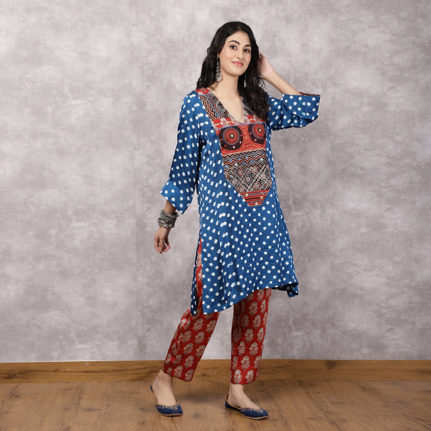 Blue Bandhani Patchwork Yoke with Ajrakh Pants Set