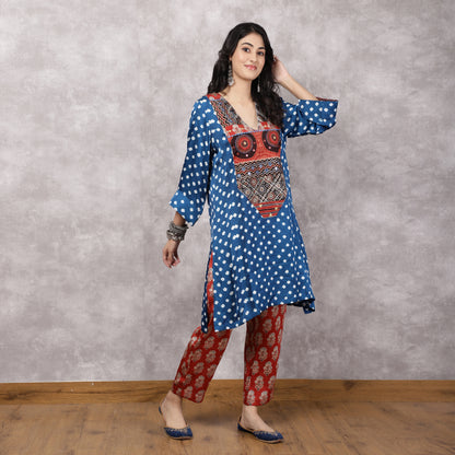 Blue Bandhani Patchwork Yoke with Ajrakh Pants Set