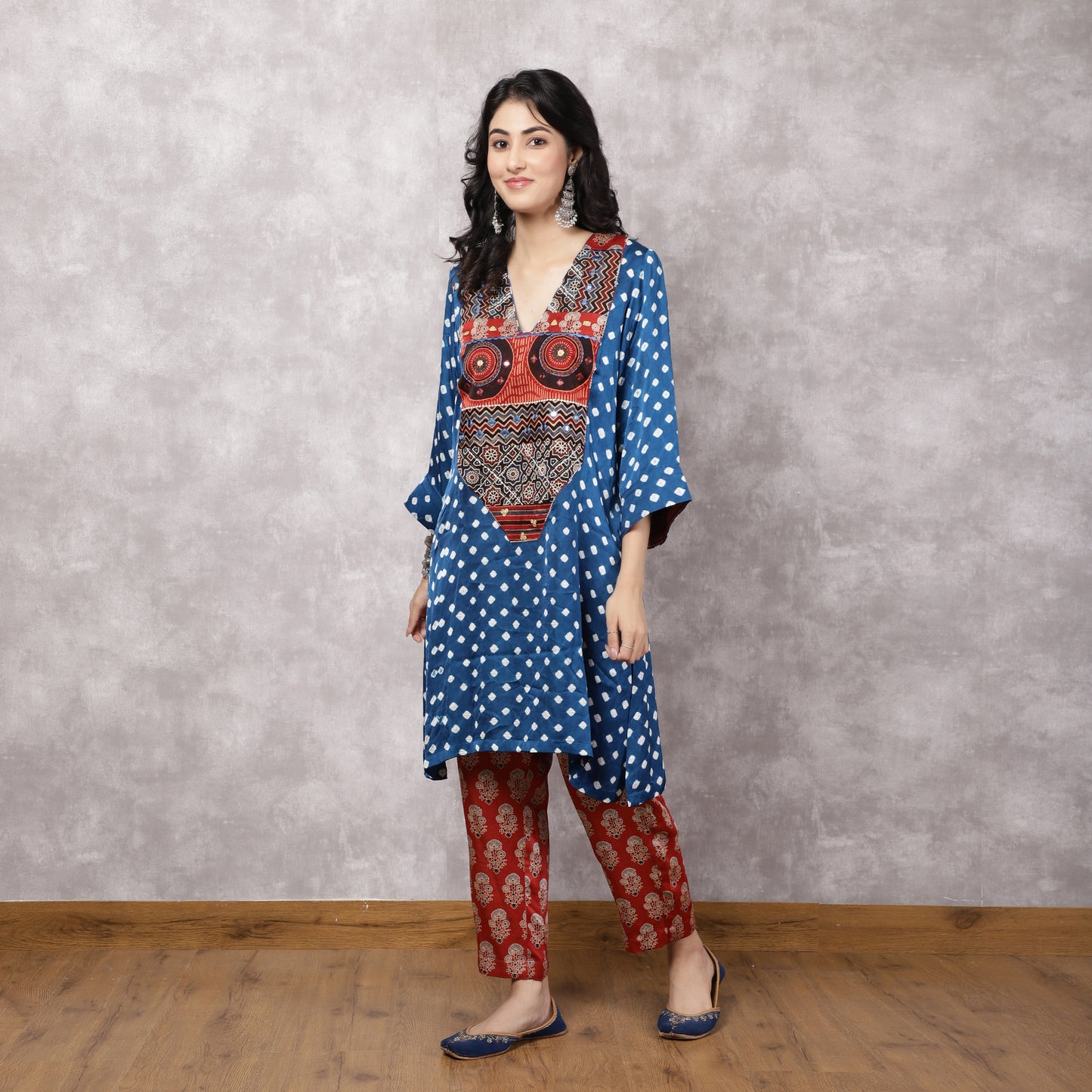 Blue Bandhani Patchwork Yoke with Ajrakh Pants Set