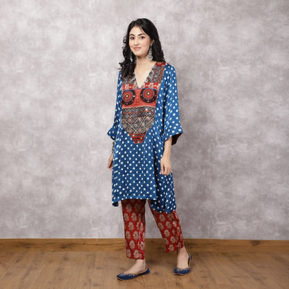 Blue Bandhani Patchwork Yoke with Ajrakh Pants Set