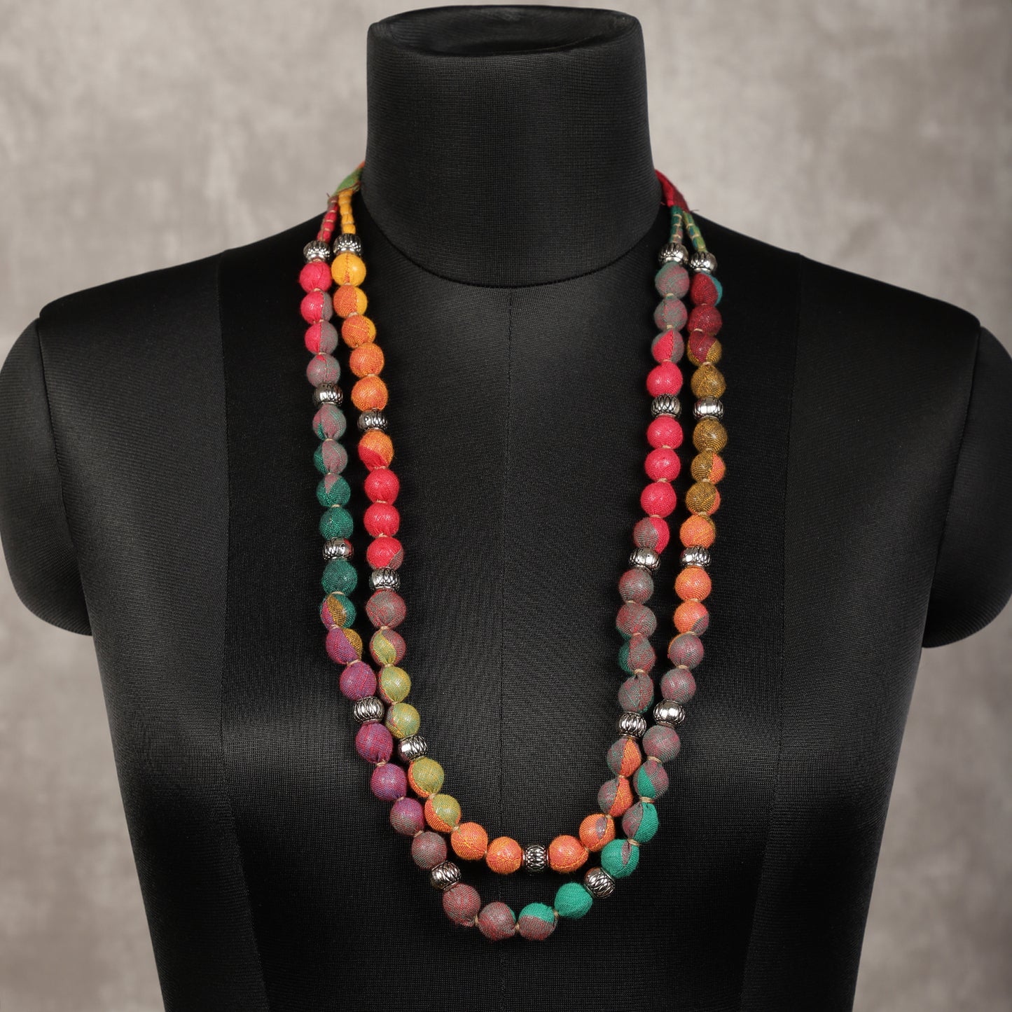 2 layer fabric beaded necklace in cotton