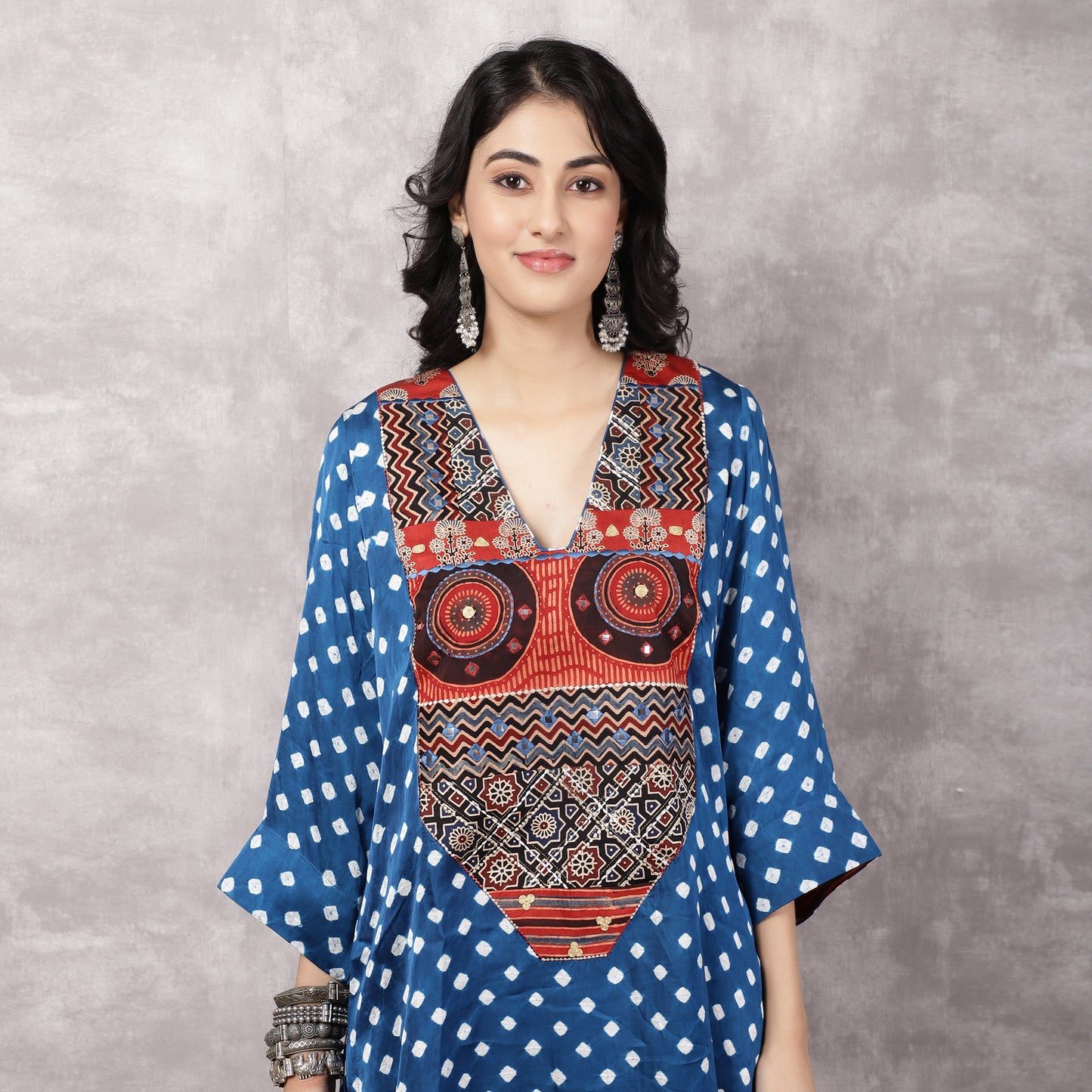 Blue Bandhani Patchwork Yoke with Ajrakh Pants Set