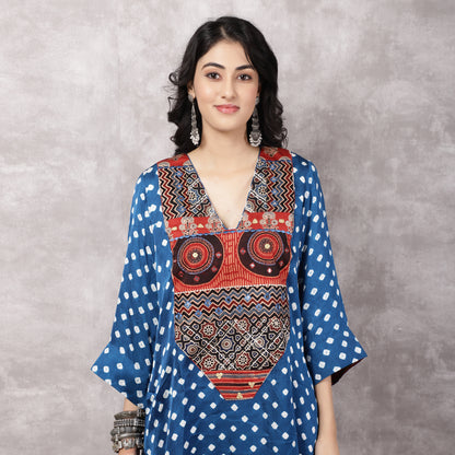 Blue Bandhani Patchwork Yoke with Ajrakh Pants Set
