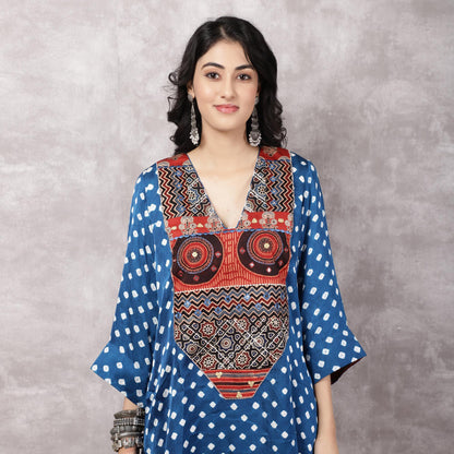 Blue Bandhani Patchwork Yoke kurta