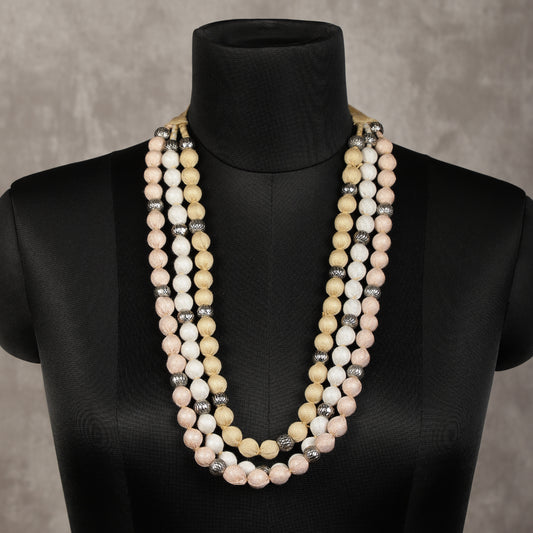 3 layer fabric beaded necklace in metallic tones