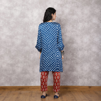 Blue Bandhani Patchwork Yoke with Ajrakh Pants Set