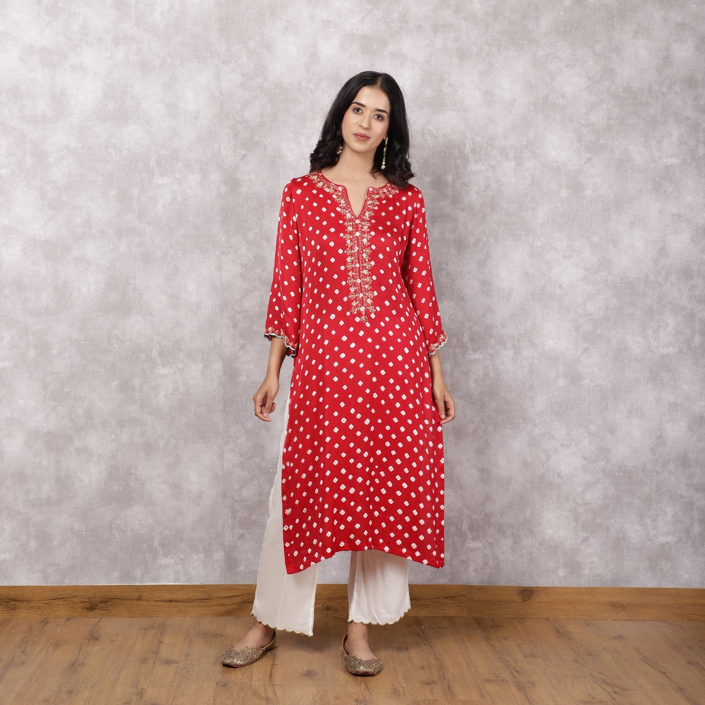 Red Bandhani Hand Embroidered and Doriwork Suit Set with Dupatta