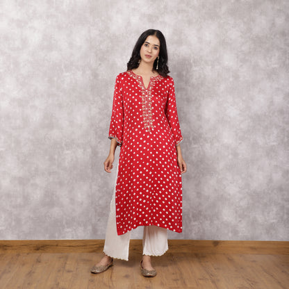 Red Bandhani Hand Embroidered and Doriwork Suit Set with Dupatta