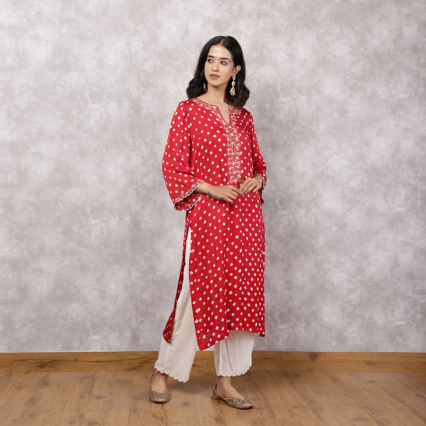 Red Bandhani Hand Embroidered and Doriwork Suit Set with Dupatta