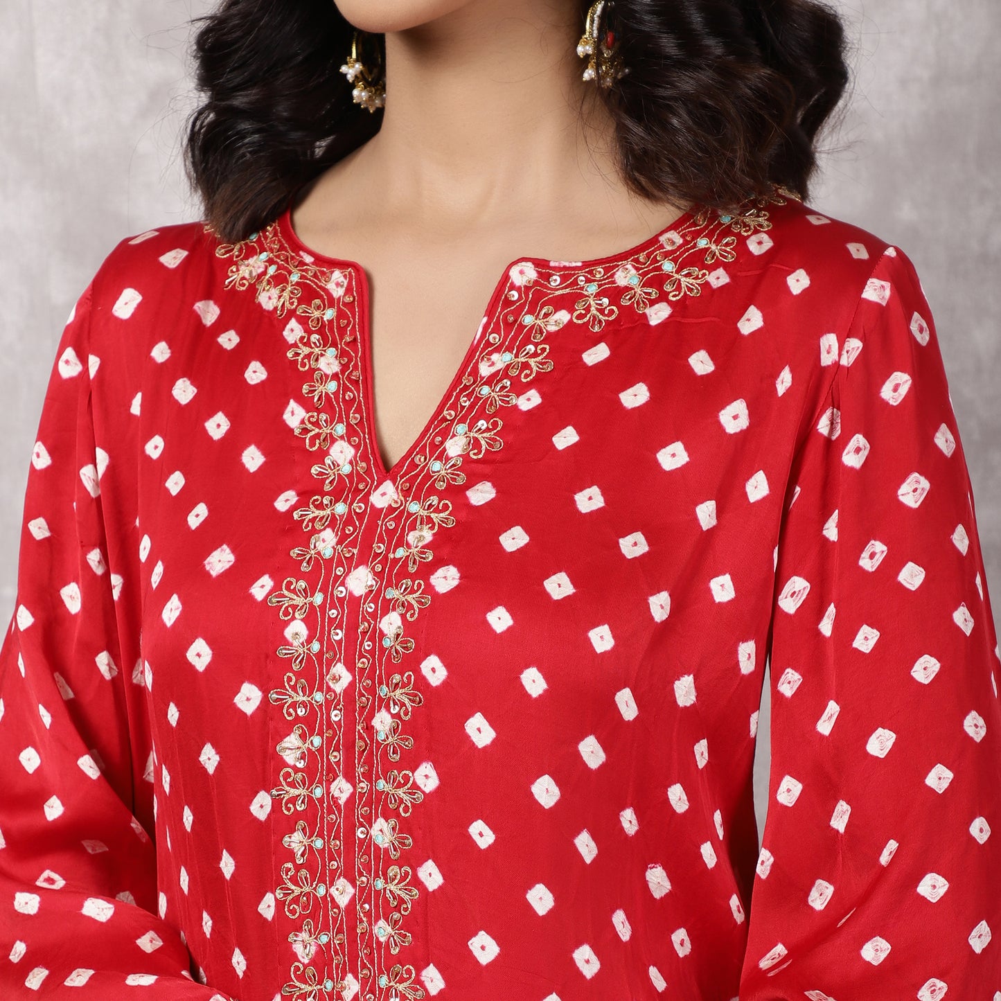 Red Bandhani Hand Embroidered and Doriwork Suit Set with Dupatta