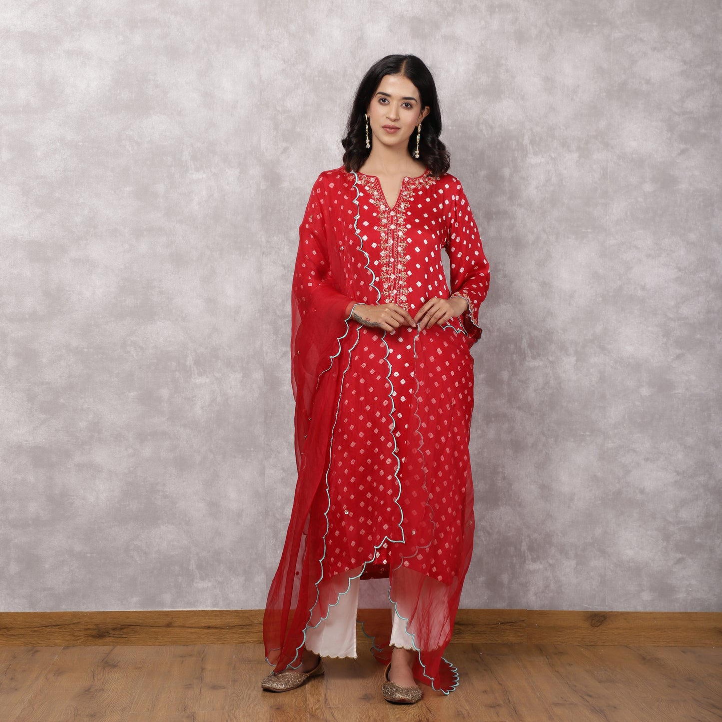 Red Bandhani Hand Embroidered and Doriwork Suit Set with Dupatta
