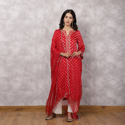 Red Bandhani Hand Embroidered and Doriwork Suit Set with Dupatta