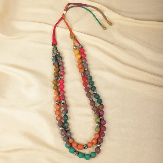 2 layer fabric beaded necklace in cotton