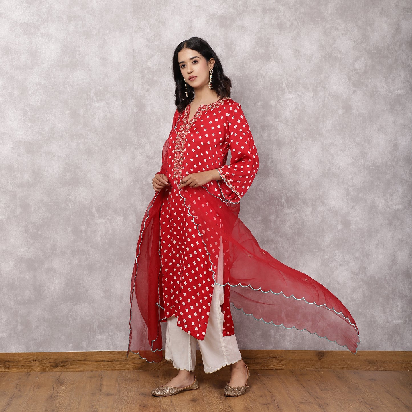 Red Bandhani Hand Embroidered and Doriwork Suit Set with Dupatta
