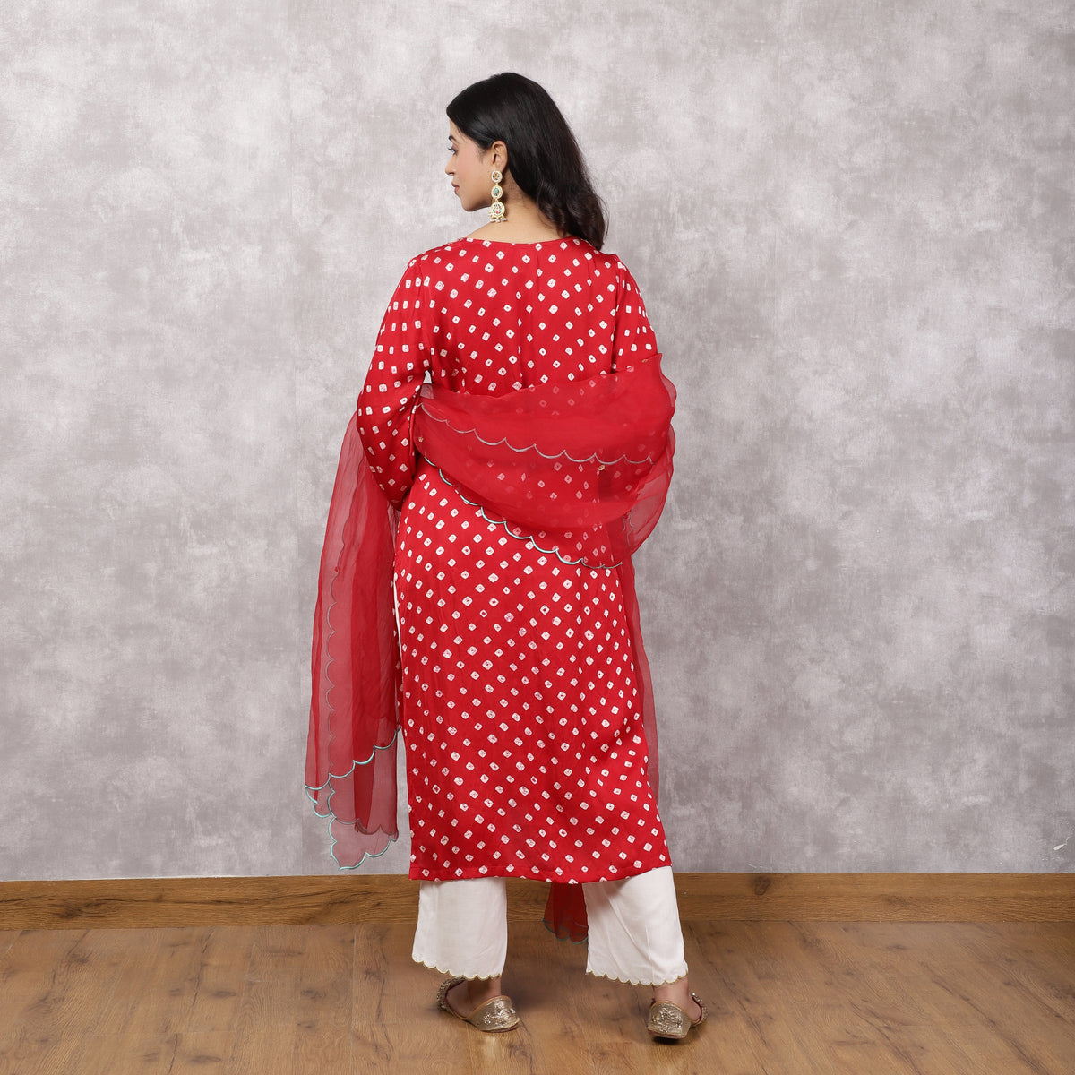 Red Bandhani Hand Embroidered and Doriwork Suit Set with Dupatta