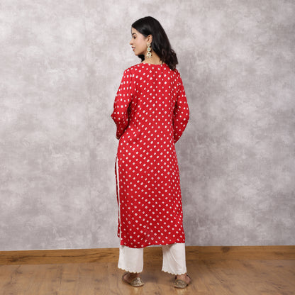 Red Bandhani Hand Embroidered and Doriwork Suit Set