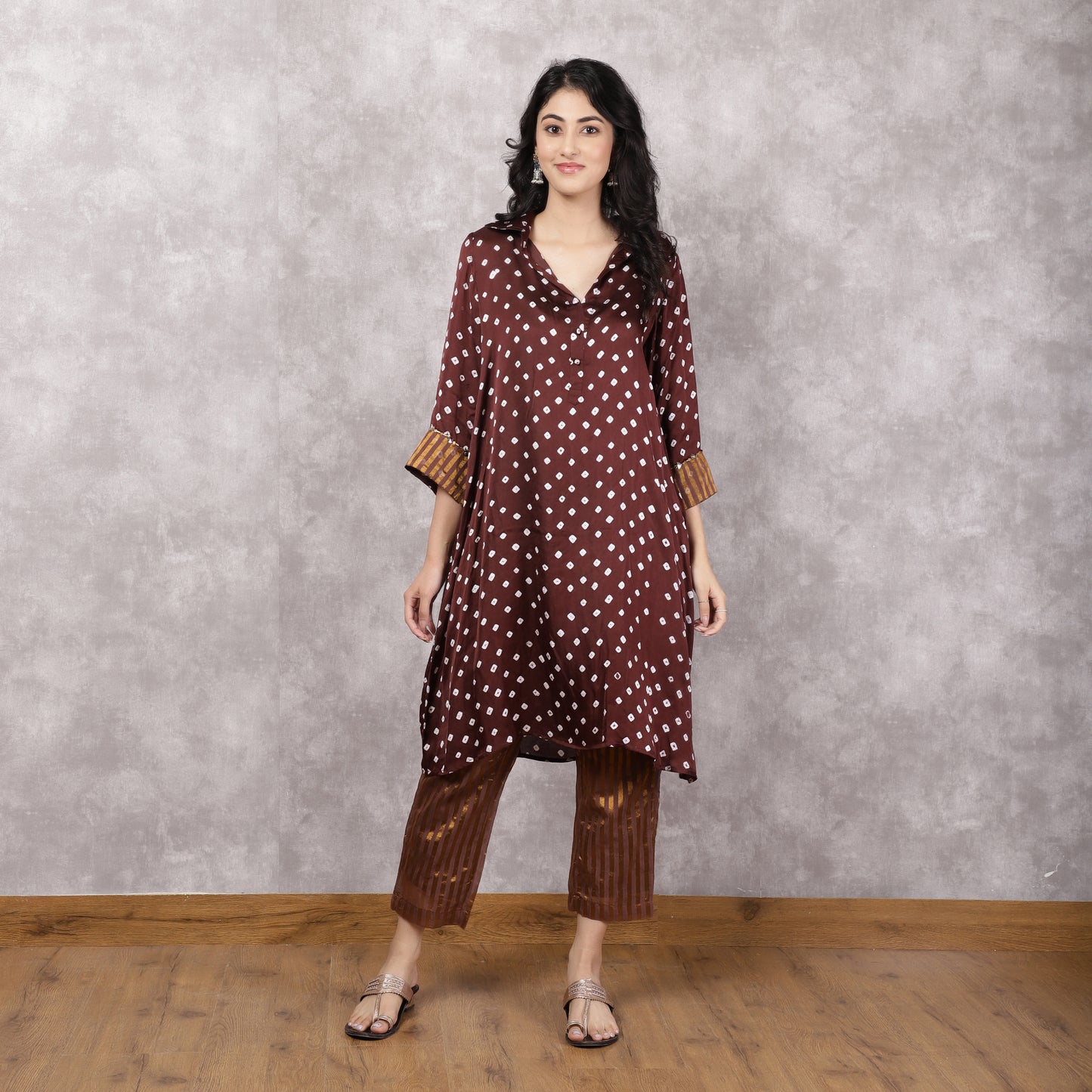 Brown Bandhani Hand Embroidered Suit Set