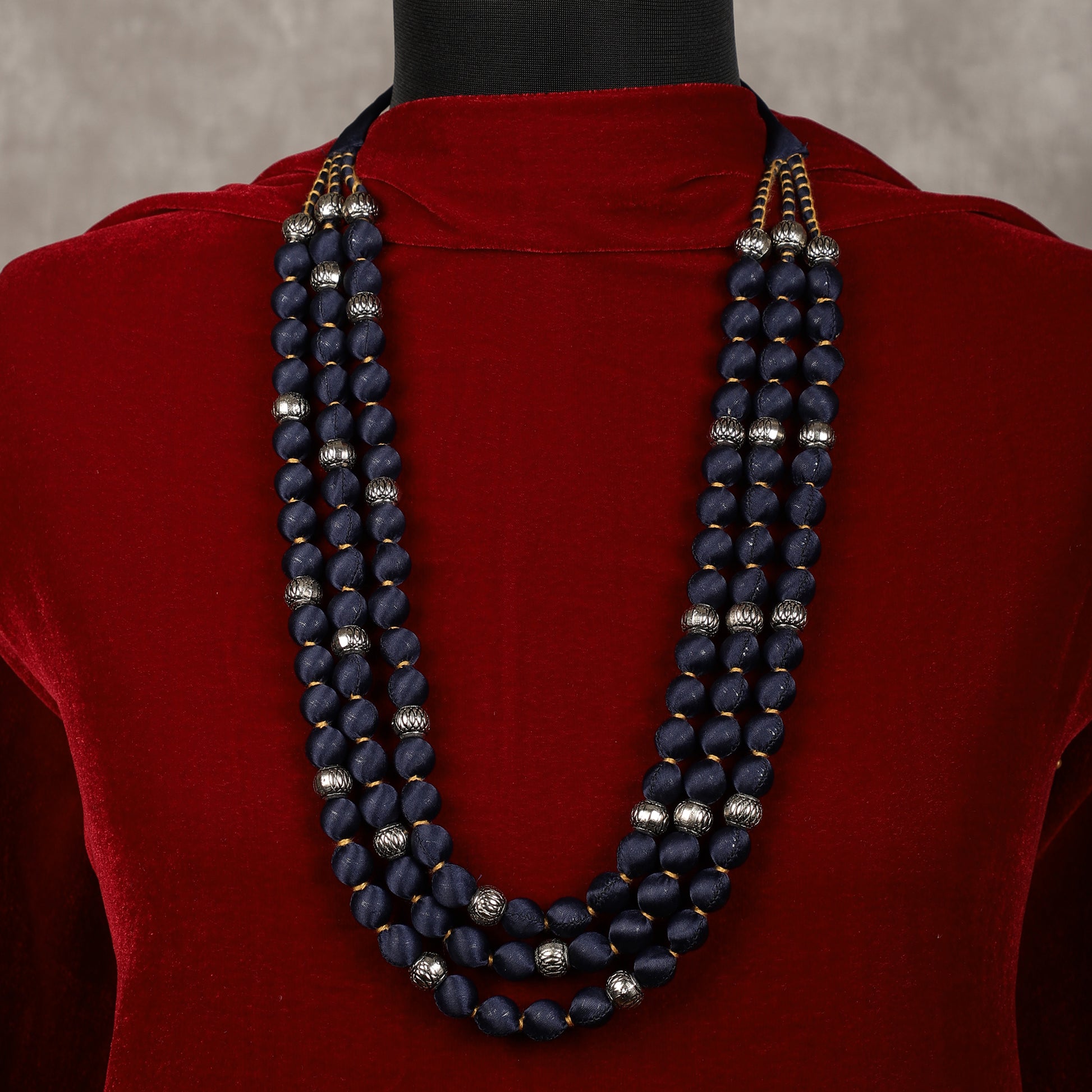 Navy blue satin necklace close-up - Spring Soul