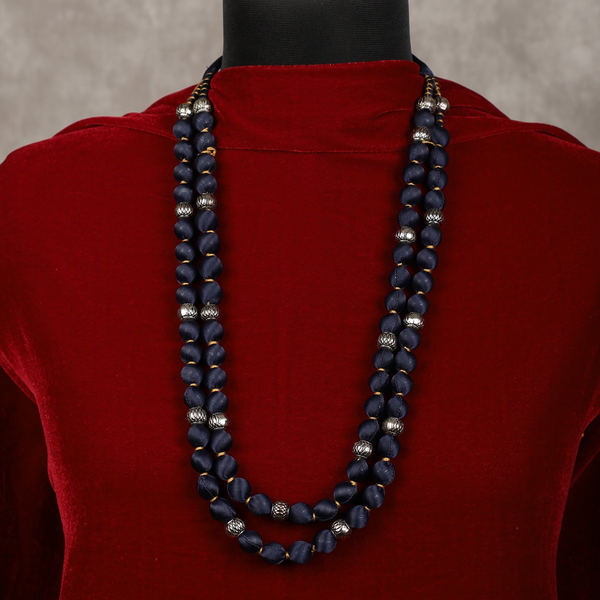 Navy blue satin necklace close-up - Spring Soul