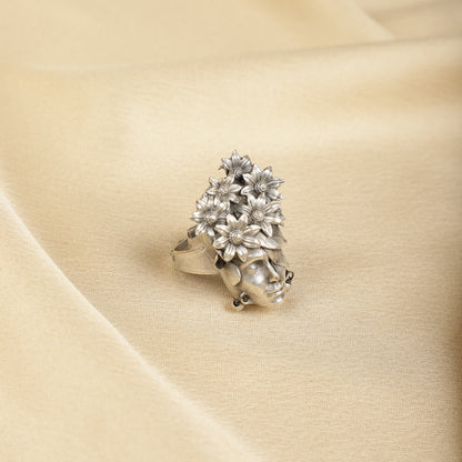 Oxidized floral goddess ring close-up - Spring Soul