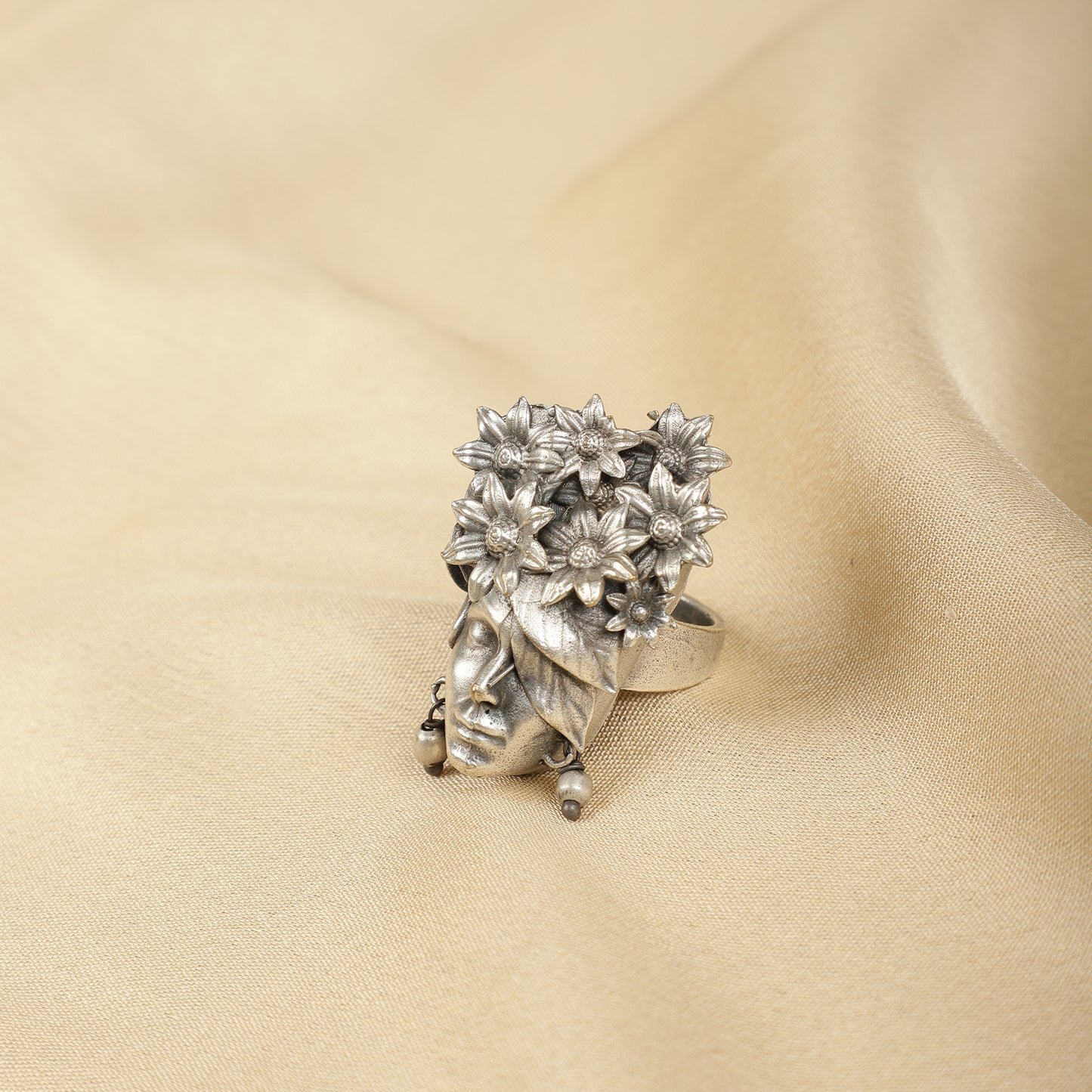 Oxidized floral goddess ring detail - Spring Soul