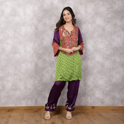 Multicolor Bandhani and Ajrakh Hand Embroidered Suit Set with Dupatta