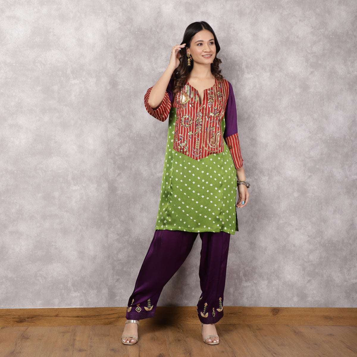 Multicolor Bandhani and Ajrakh Hand Embroidered Suit Set