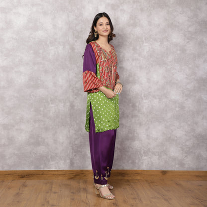 Multicolor Bandhani and Ajrakh Hand Embroidered Suit Set with Dupatta