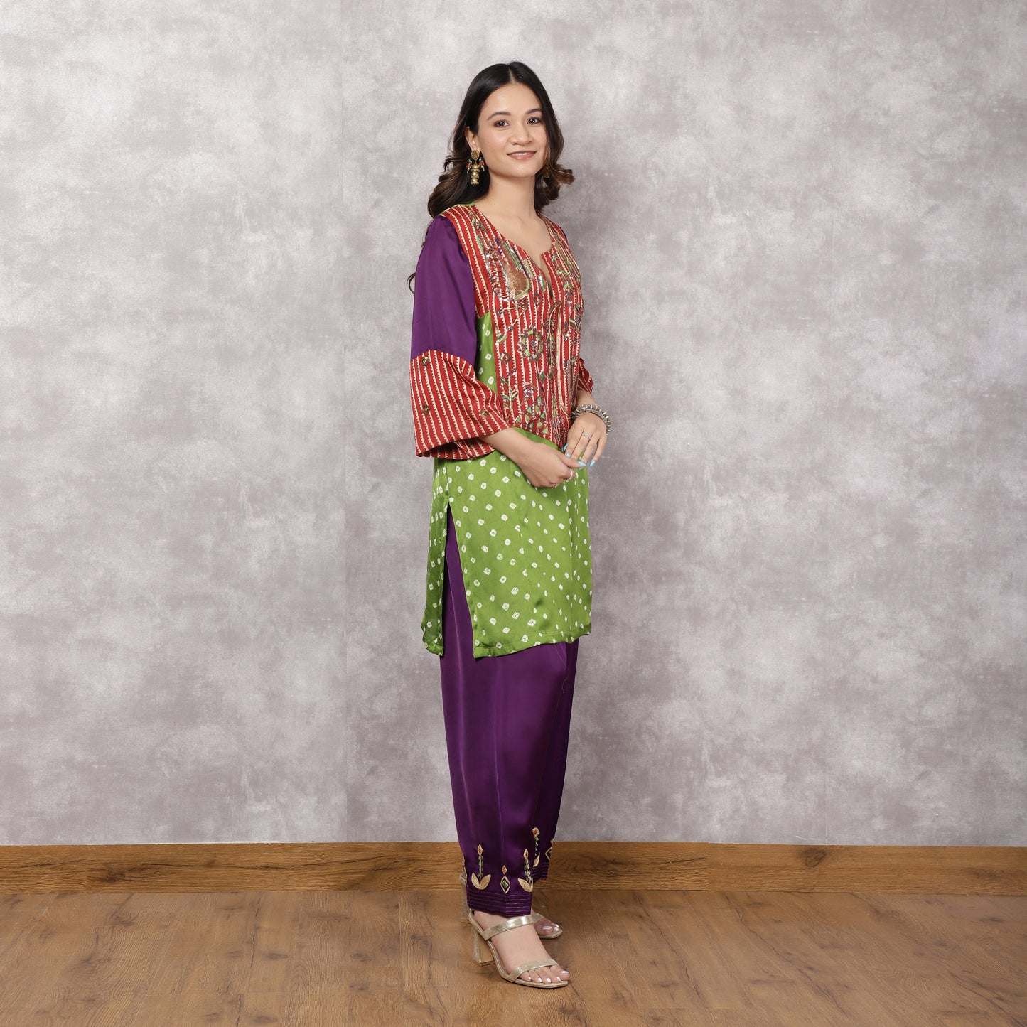 Multicolor Bandhani and Ajrakh Hand Embroidered Suit Set