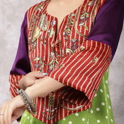 Multicolor Bandhani and Ajrakh Hand Embroidered Suit Set with Dupatta