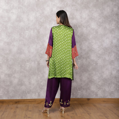 Multicolor Bandhani and Ajrakh Hand Embroidered Suit Set