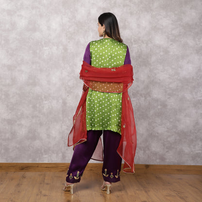 Multicolor Bandhani and Ajrakh Hand Embroidered Suit Set with Dupatta