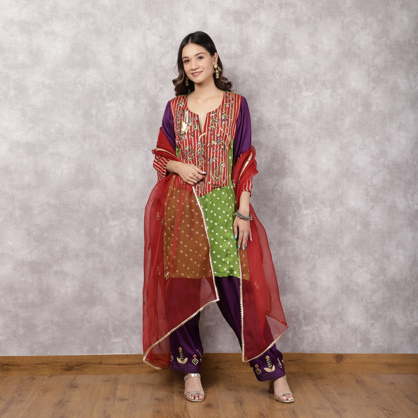 Multicolor Bandhani and Ajrakh Hand Embroidered Suit Set with Dupatta