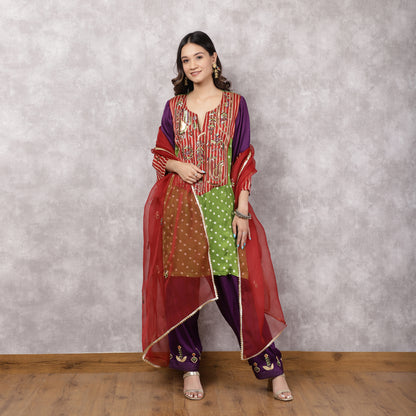 Multicolor Bandhani and Ajrakh Hand Embroidered Suit Set with Dupatta